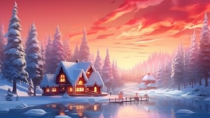 Fototapeta premium house in winter near a river in the mountains