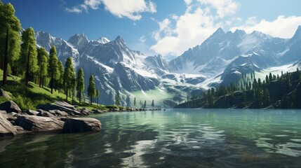 A pristine alpine lake surrounded by jagged peaks and evergreen forests.