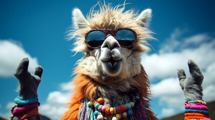 funny hippie llama with colorful accessoires and sunglasses - obrazy, fototapety, plakaty