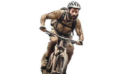 Bearded Male on a Modern Mountain Bike Front Side During Ride Pose on White or PNG Transparent Background.