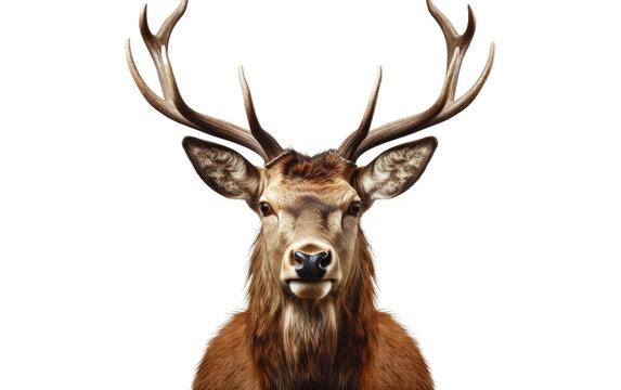 Realistic Deer Stag Portrait Front Side Look on White or PNG Transparent Background.