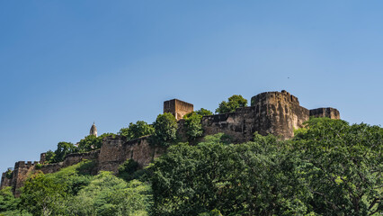 Obraz premium An ancient fortress wall on the crest of a mountain. Weathered mossy towers against the blue sky. Lush green vegetation on the hillside. India. Jaipur.