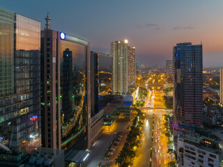Fototapeta na wymiar Hanoi skyline cityscape at sunset on Tran Duy Hung street, Cau Giay district