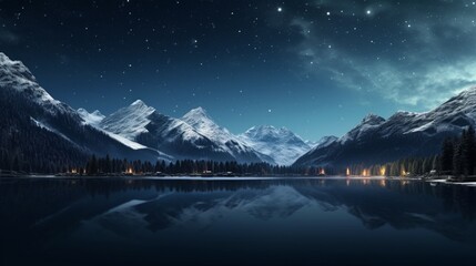 A clear, starry night in the mountains, with a calm alpine lake reflecting the heavens above.