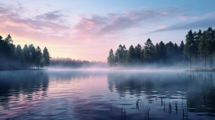 Fototapeta na wymiar A serene lake at dawn, reflecting the pastel hues of the sky, with mist rising from the water's surface.