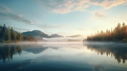 A serene, tranquil lake at dawn, with mist rising from the water's surface and a mirrored reflection of the sky.