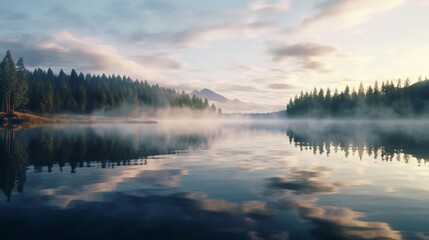 A serene, tranquil lake at dawn, with mist rising from the water's surface and a mirrored reflection of the sky.