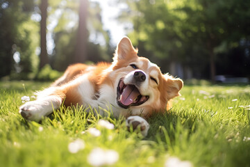 Portrait of dog in the grass. Dog lying in the garden, smile and happy - obrazy, fototapety, plakaty