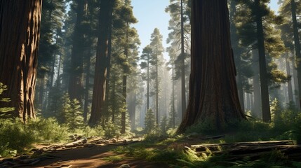 A towering sequoia forest with the sunlight filtering through the massive trees and dappling the forest floor.