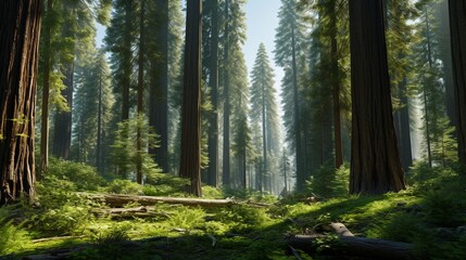 A towering sequoia forest with the sunlight filtering through the massive trees and dappling the forest floor.