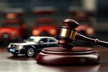 Car-gavel. Accident case. Lawsuit, insurance. Court. Generative AI