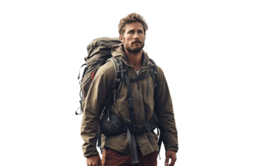 Male Adventure Hiker Portrait Photography on White or PNG Transparent Background.