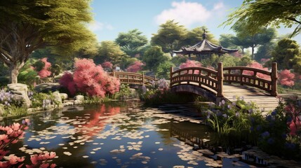 Fototapeta na wymiar A tranquil garden with a profusion of blooming flowers, a koi pond, and a wooden bridge.