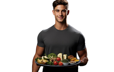 Young Man Holds Plate Of Vegetable Realistic Photography on White or PNG Transparent Background.