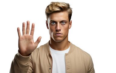 Fototapeta premium Portrait of a Stop Gesture Young Man on White or PNG Transparent Background.