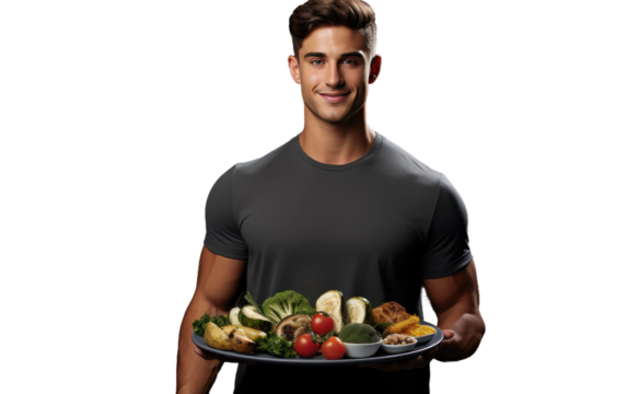 Young Man Holds Plate Of Vegetable Realistic Photography on White or PNG Transparent Background.