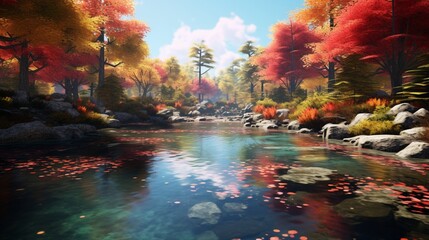 A tranquil pond surrounded by colorful autumn trees, with fallen leaves gently floating on the water's surface.