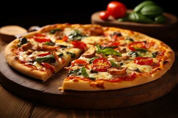 Delicious vegetarian pizza served in an Italian pizzeria. Generative AI