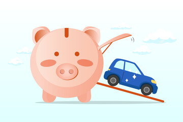 Wealthy piggy bank open container loading deliver new car to new owner, saving money for new car, automobile expense and cost or car loan (Vector)