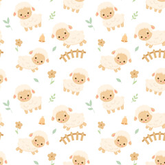 Seamless pattern with cute cartoon sheep jumping over fence. Funny Farm animal for textiles or fabric for newborns.