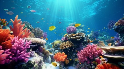 Naklejka na ściany i meble A vibrant underwater coral garden with a rainbow of fish.
