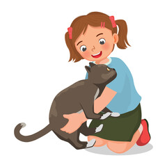 Cute little girl pet lover playing and hugging her cat
