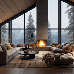 Cozy room, inviting comfort and tranquility. Modern fireplace on the living room - 664744527