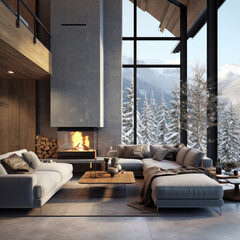 Living room with sofa near winter scene outside window