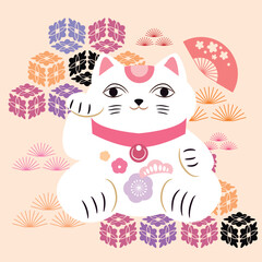 Awesome maneki-neko cat   for prints  Modern cute japanese template design with lucky charms - Maneki Neko Vector flat trendy illustration