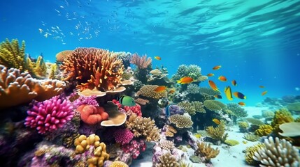 A colorful coral reef teeming with marine life beneath crystal-clear waters.