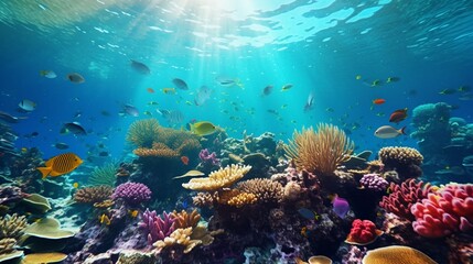 A colorful coral reef teeming with exotic marine life, set against the backdrop of the deep blue ocean.