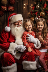 Fototapeta na wymiar Santa Claus sitting in a chair with a little girl.