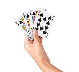 Magnifying Glass Identify Cards Playing poker Game in women hand isolated on white background. Flush Winning Gambling Game on Casino