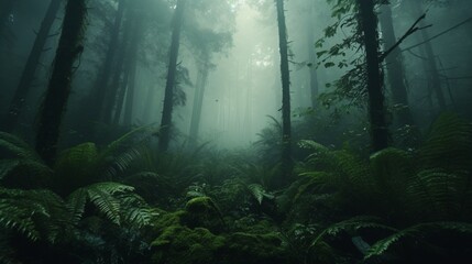 A dense, emerald forest shrouded in a gentle morning fog, with towering trees and a carpet of ferns.