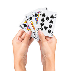 Magnifying Glass Identify Cards Playing poker Game in women hand isolated on white background. Flush Winning Gambling Game on Casino