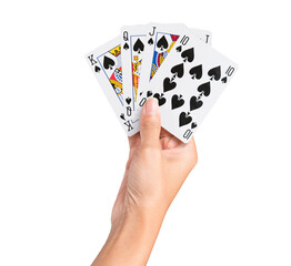 Magnifying Glass Identify Cards Playing poker Game in women hand isolated on white background. Flush Winning Gambling Game on Casino