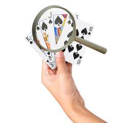Magnifying Glass Identify Cards Playing poker Game in women hand isolated on white background....