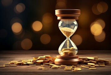 Time is money concept with hourglass and coins. 3d rendering