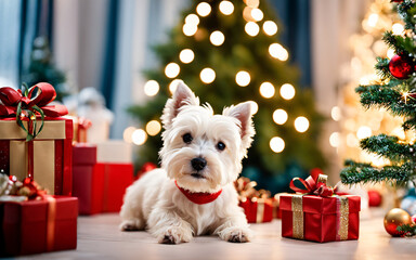 West Highland white terrier dog by Christmas tree, with gifts, indoor holiday scene