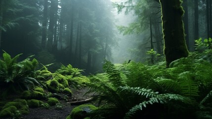 A dense, emerald forest shrouded in a gentle morning fog, with towering trees and a carpet of ferns.