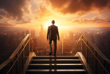 Back view of businessman standing on stairs and looking at city at sunset