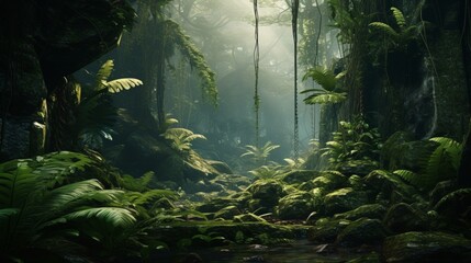 A dense, primeval jungle with towering ferns and prehistoric-looking plants, hidden by mist.