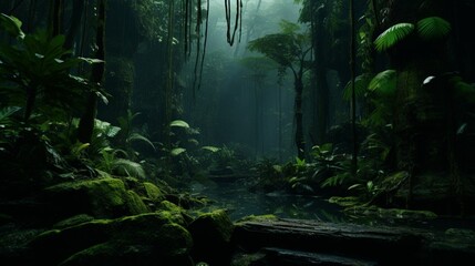 A dense, primeval jungle with towering ferns and prehistoric-looking plants, hidden by mist.