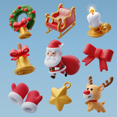 Naklejka premium Collection of 3d Christmas icons, Merry Christmas and Happy new year concept.