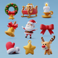 Collection of 3d Christmas icons, Merry Christmas and Happy new year concept.