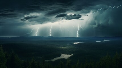 A dramatic thunderstorm over a vast, untouched wilderness, with lightning illuminating the dark sky.