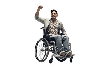 Disabled Man in Wheelchair Looks Happy on White or PNG Transparent Background. - obrazy, fototapety, plakaty