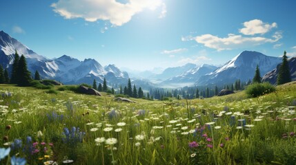 A field of wildflowers swaying in the breeze with a mountain backdrop.
