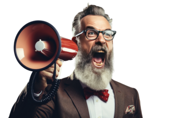 Businessman Shout Loudly In A Mega phone on White or PNG Transparent Background.