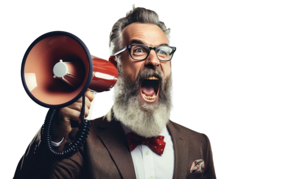 Businessman Shout Loudly In A Mega phone on White or PNG Transparent Background.